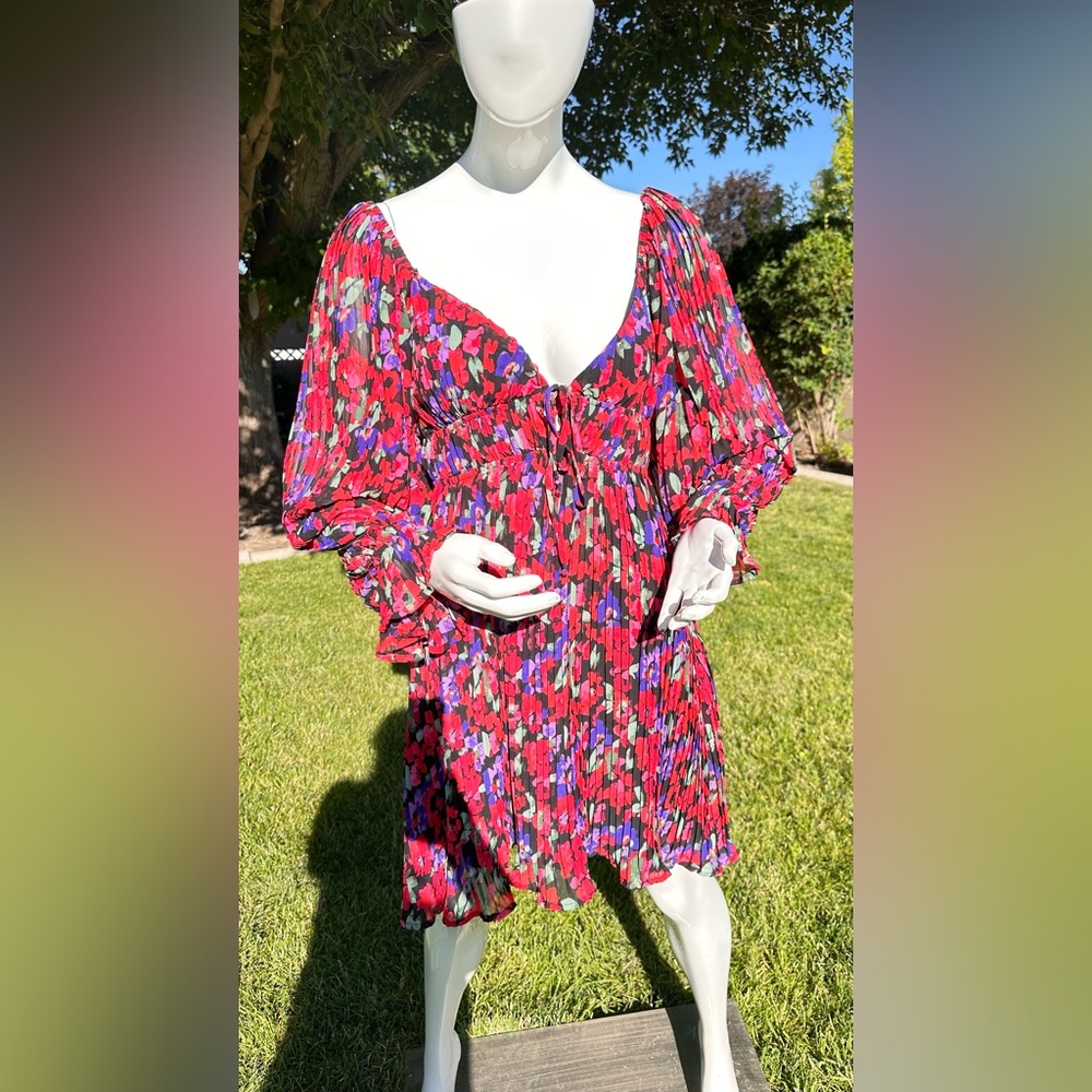 Red and Pink Floral Wrap Dress with Plunge Neckline